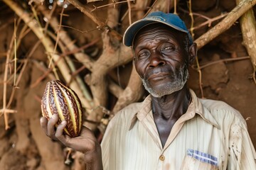 portrait of a farmer holding a cocoa pod - obrazy, fototapety, plakaty