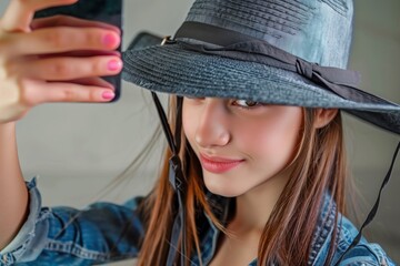 fashionable teen snapping a selfie with a trilby hat - obrazy, fototapety, plakaty