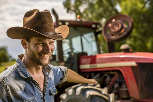 smiling cowboy with hat in hand, standing by a tractor
