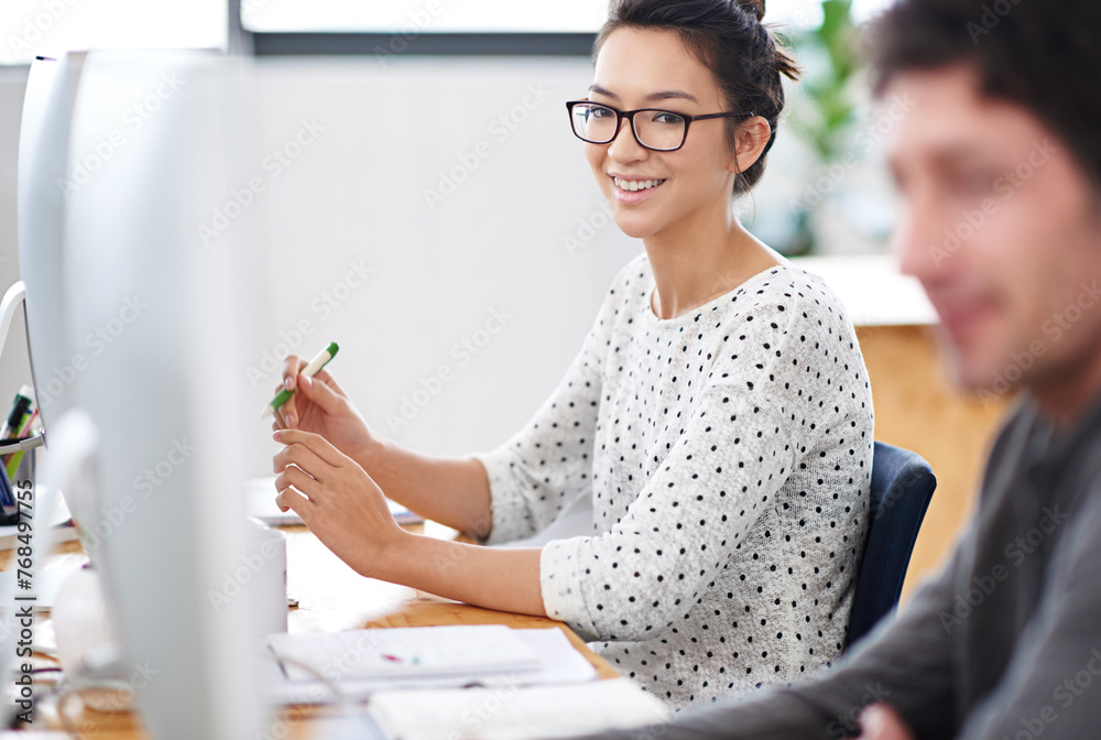 Poster business woman, planning and teamwork in workspace by computer for creative project or copywriting c
