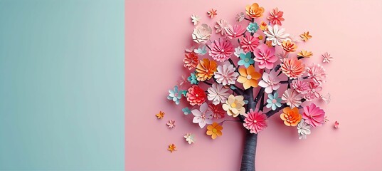 Artificial tree made of colorful paper flowers on pastel background, pink and blue
