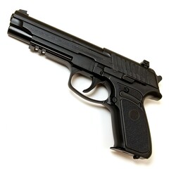 Black gun isolated on a white background,  Close-up view