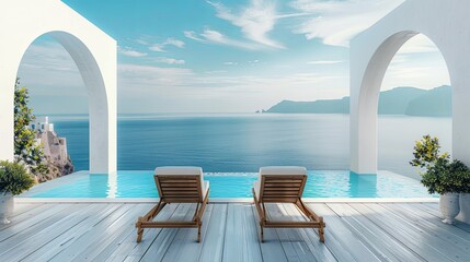 vacation, couple on the beach near swimming pool, luxury travel. Traditional mediterranean white architecture with arch sunshine. Summer vacation concept.Happy viewpoint and enjoys - obrazy, fototapety, plakaty