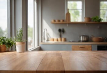 Wooden table top on blurred kitchen room in background. Advertising template for utensil and products. Copy space. For montage product display or design key visual layout. Generative Ai