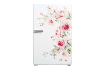 A white refrigerator adorned with hand-painted pink flowers, adding a touch of elegance to the kitchen decor. . Isolated on a Transparent Background PNG.