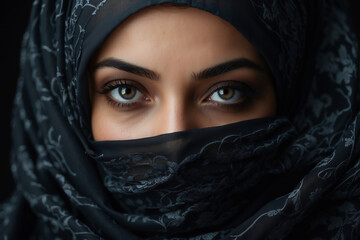 Faszinierende Augen einer Frau im schwarzen Hijab - obrazy, fototapety, plakaty