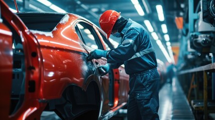 A man is working on a car in a factory, focusing on tires, wheels, automotive lighting, and design. AIG41