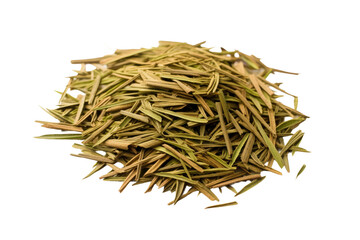 A collection of vibrant green tea leaves stacked on top of each other, creating a textured pile. The leaves are scattered showcasing their rich color. Isolated on a Transparent Background PNG.