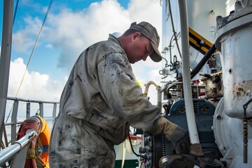 mechanic in coveralls doing repair work on deck machinery