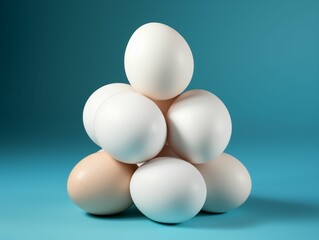 Pile of White Eggs Isolated on Blue Background. Generative AI