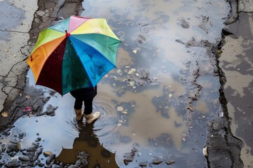 person with colorful umbrella standing by a large puddle