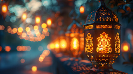 Luxury Islamic lantern with Ramadan Kareem celebration background, suitable for religious and cultural holidays and events. - obrazy, fototapety, plakaty