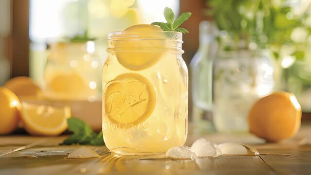 A mason jar filled with refreshing lemonade garnished with a slice of lemon and a sprig of mint.
