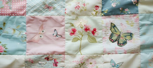 A blend of pastel patchwork fabrics, featuring butterfly and floral appliques, top view