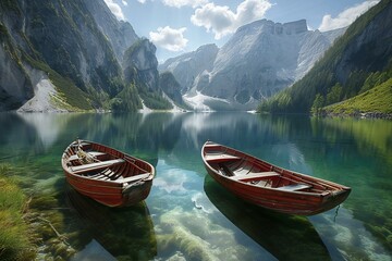 Boat on the lake of Braies, South Tyrol, Italy - obrazy, fototapety, plakaty