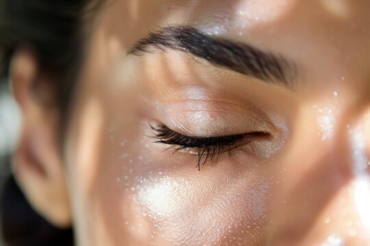 closeup of dewy makeup look on a womans face on a humid day