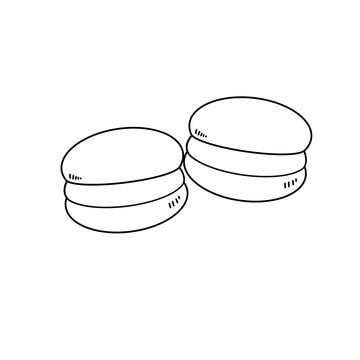 Two macarons are sitting on a white background. The macarons are small and round, and they are placed close to each other