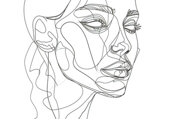 Continuous one simple single abstract line drawing of a female face,  Linear stylized