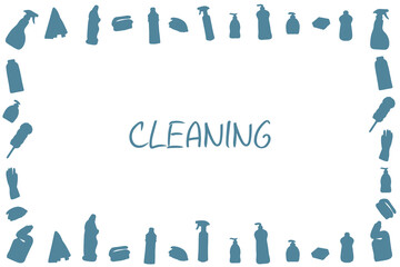 Banner made from cleaning equipment. Cleaning line icons. Cleaning products and tools for cleaning and disinfecting the home, buckets and mops, sprayers and detergents. Vector.