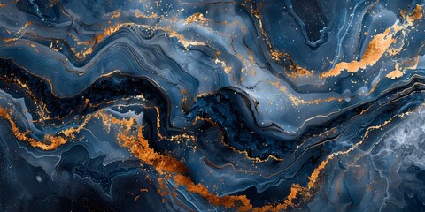 Celestial ribbons of sapphire blue and molten gold entwining in an intricate dance, creating a captivating and cosmic abstract artwork on a backdrop of profound black. - obrazy, fototapety, plakaty