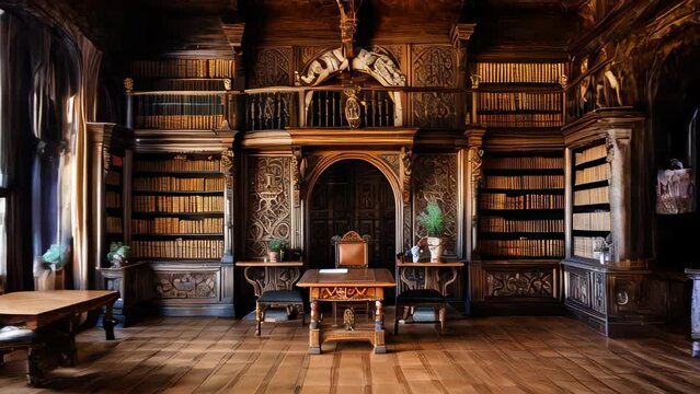 Old wooden decorated library with old books