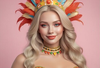 Portrait of a beautiful blonde girl with bright make-up and a crown of feathers on her head