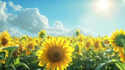 A sprawling field of sunflowers reaches toward a sunny, cloud-filled sky, creating a contrast of nature and weather