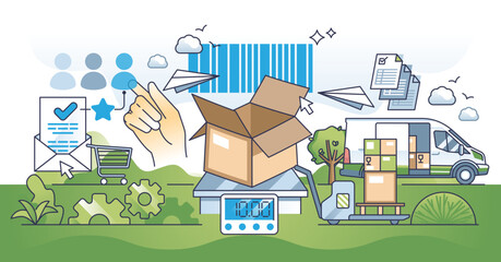 Order fulfillment in e-commerce business with fast shipping outline concept, transparent background. Effective logistics from warehouse to customer illustration. Distribution process automation.