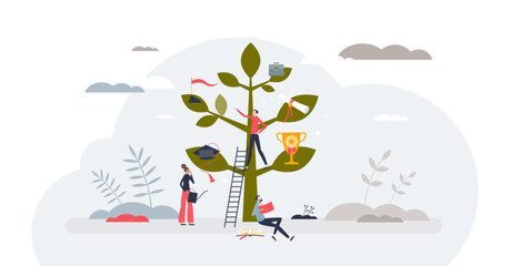 Occupational wellness with professional work growth tiny person concept, transparent background. Emotional balance from job development and motivation illustration. Workplace achievement importance.