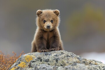 Brown bear cub sitting on a rock in the nature,  Scientific name: Ursus arctos - obrazy, fototapety, plakaty
