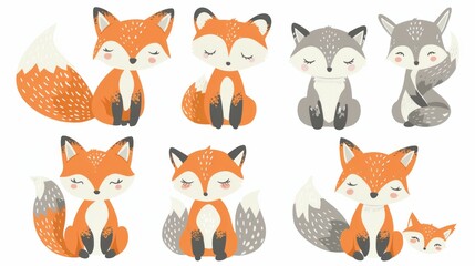 Fototapeta premium Simple clipart set of gouache or watercolor cartoon cute foxes in muted or pastel colors on a white background