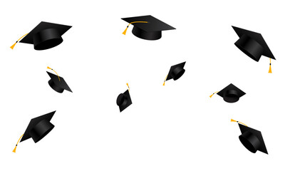 Graduation cap illustration. Flying graduation cap background. University and college education degrees. Vector