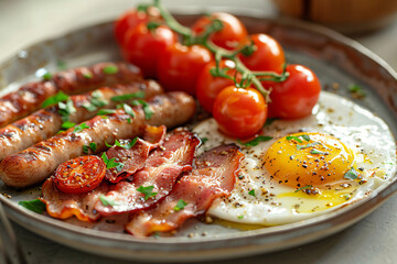 Hearty gourmet breakfast with fried eggs, grilled sausages, crispy bacon, and cherry tomatoes. Gastronomy and food presentation concept for restaurant menu