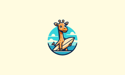 giraffe hold surfing board on beach vector logo design