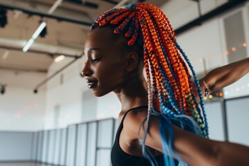 dancer with orange and blue braided hair in studio