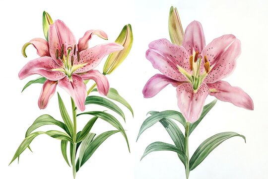 Pink lily flowers on a white background,  Watercolor illustration