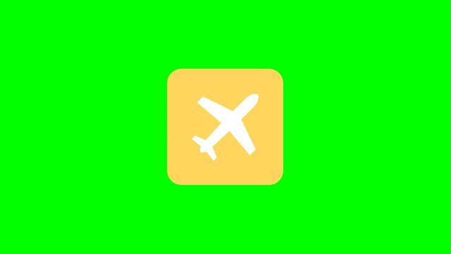Plane icon animation, pictogram isolated on the green. White airplane in the yellow cube. Travel concept. Booking service or travel agency sign. Air transportation. Flight tickets. Advertising banner.