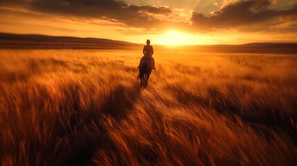 Sunset on the silhouette of a rider leaving on a horse into a field. Latest Feeling of strength and love for freedom - obrazy, fototapety, plakaty