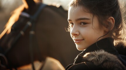 A young beautiful girl looks at the camera turning over her shoulder. Teenager at equestrian classes on a blurred background of a horse - obrazy, fototapety, plakaty