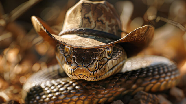 A western-themed image displaying a rattlesnake with a textured cowboy hat on a sandy backdrop, evoking a rustic feel