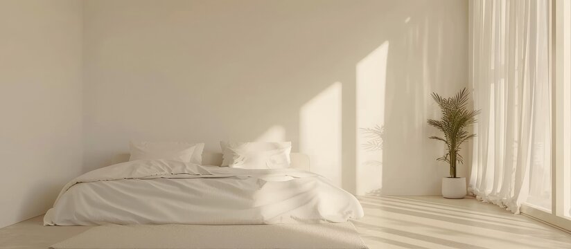 A light, white Scandinavian style bedroom features a bed positioned next to a window, creating a cozy and airy atmosphere. The room is spacious with ample natural light.