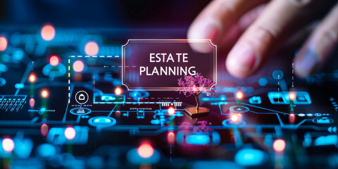 A professional offers estate planning services through digital icons representing legal aspects, property ownership, wealth management, comprehensive financial and asset protection strategies - obrazy, fototapety, plakaty