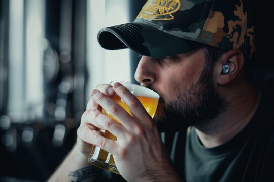 craft beer aficionado wearing a branded brewery cap sipping a pint