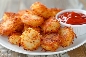 Classic crispy hashbrowns served with a side of organic ketchup, capturing the trend of comfort food with a healthy twist, vibrant reds against golden browns