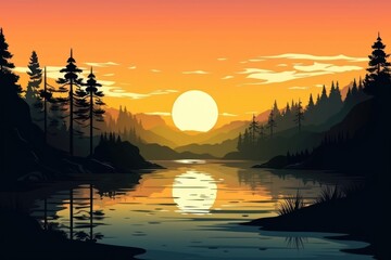 Pine forest and river sunset sky landscape. - 768502708