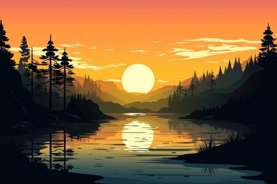 Pine forest and river sunset sky landscape.