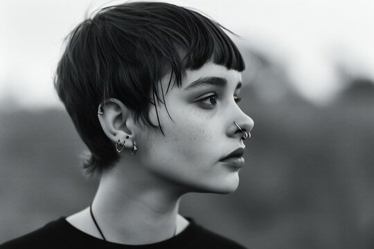Portrait of a girl with short hair, black and white photo