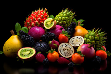 Obraz na płótnie Canvas Global Delights: A Colorful Assortment of Exotic Fruits on a Wooden Tray