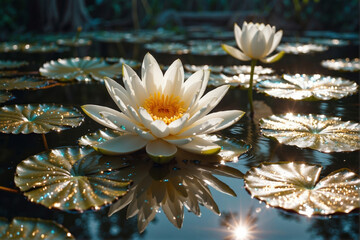 water lily in the pond, white lotus in a golden magic pond, generative ai