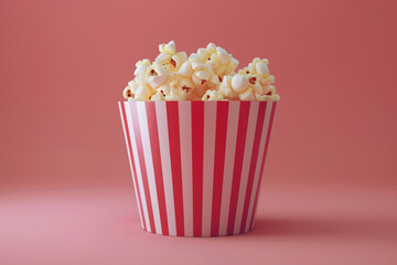 Bucket with delicious popcorn on solid color background, casual entertainment scene illustration